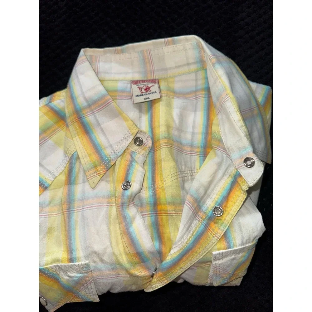 True Religion Men's Shirt Green Plaid Western Pearl Snap Size 2XL